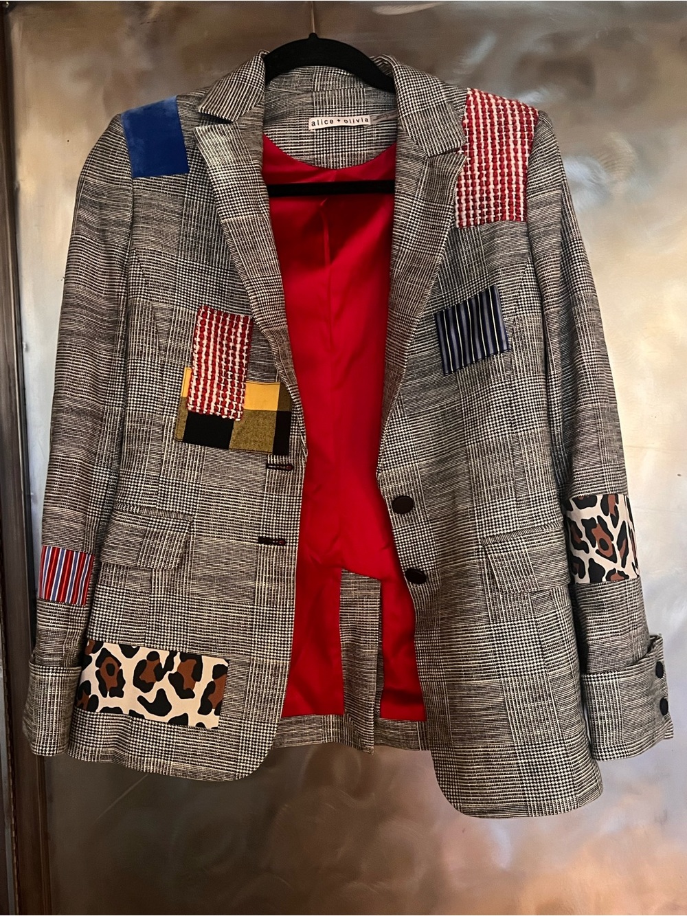 Alice + Olivia Paulene Gray Plaid Patchwork Blazer with Red Lining